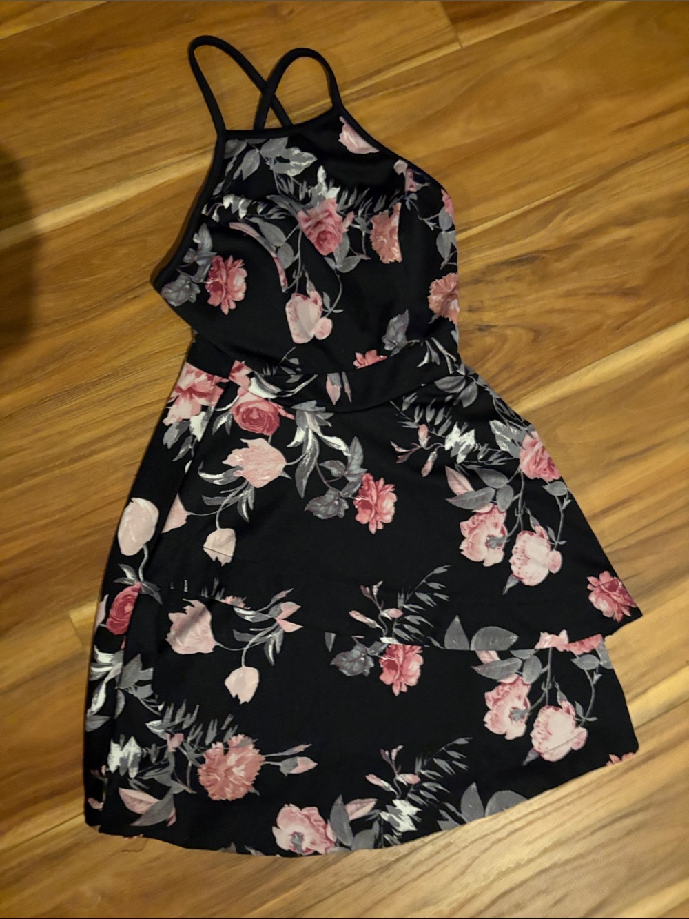 Speechless size 1 nwot Floral Halter Skater Dress - Black with Pink Roses